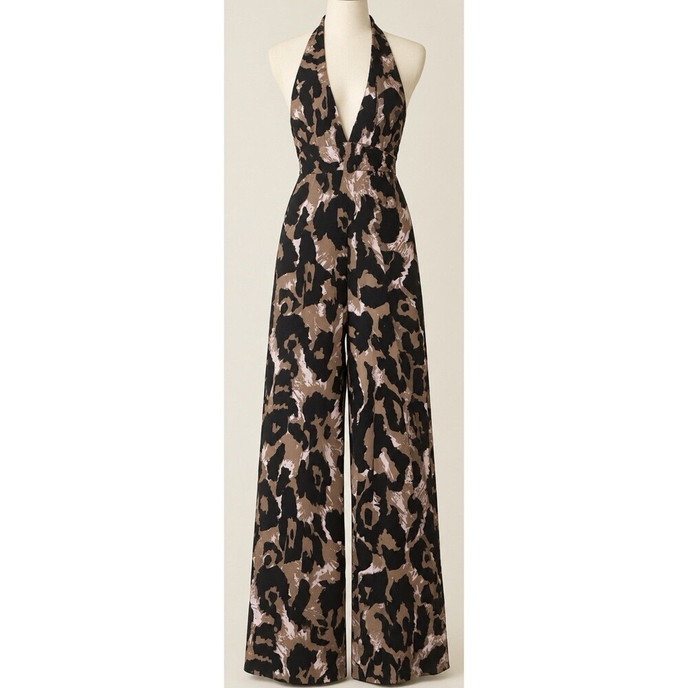 NWT DVF Diane Von Furstenberg Leopard Halter Wide Leg Jumpsuit XS / S Statement